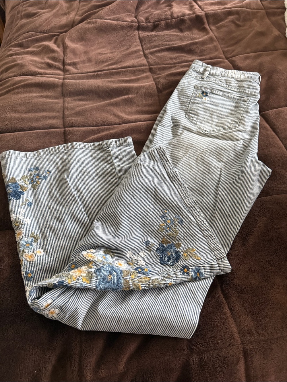DRIFTWOOD Blue Pinstripe Flare Jeans with Yellow & Blue Floral Embroidery